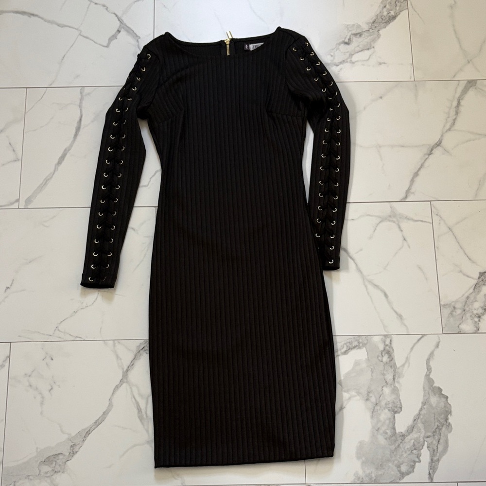 Black Ribbed Long Sleeve Lace-Up Dress
